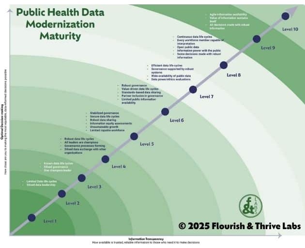 DM3 maturity model chart showing Levels 1 through 10 plotted against optimal decision-making and information transparency, from limited data life cycles at Level 1 to agile, trusted information availability at Level 10.